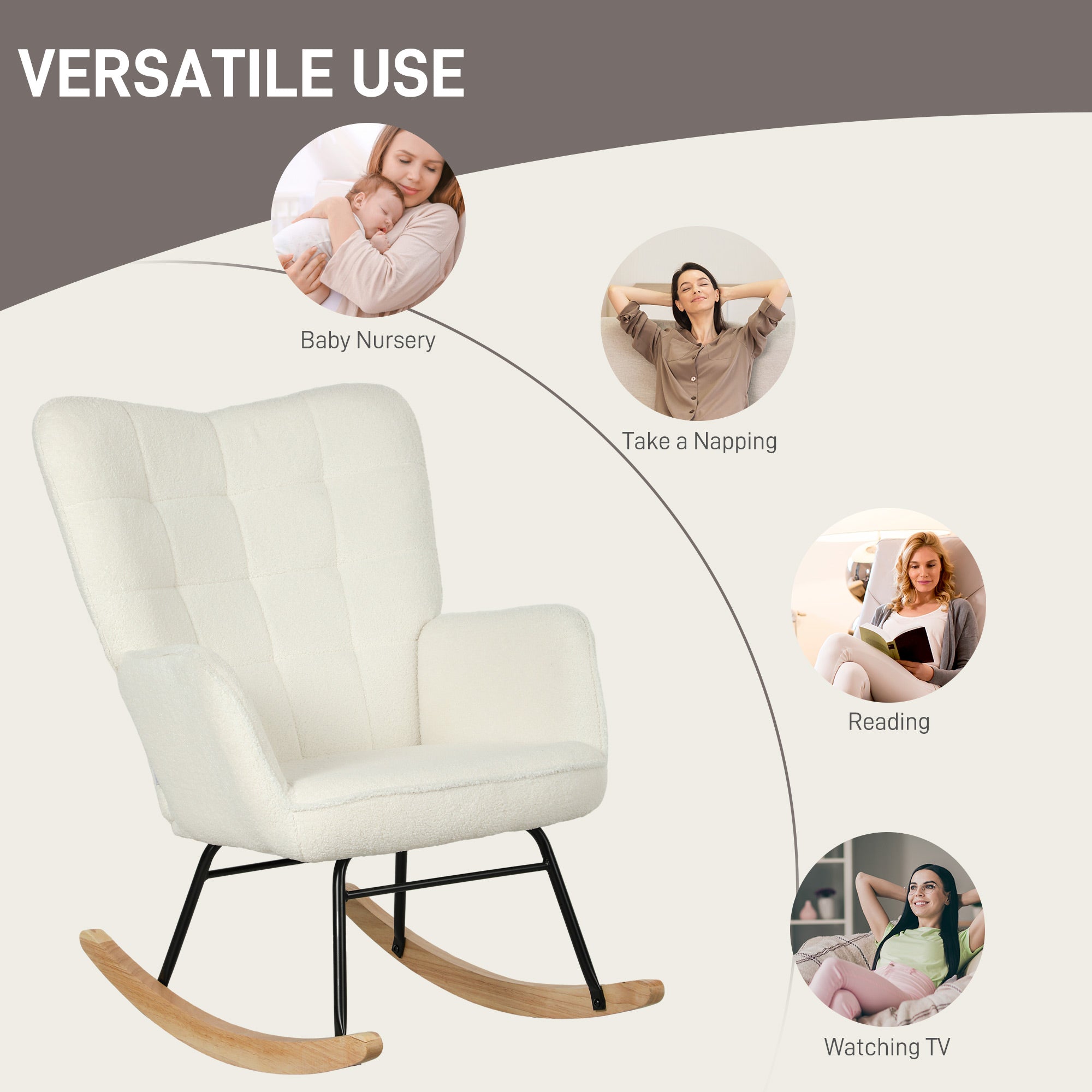 HOMCOM Schommelstoel in Berbervlies Look met Armleuningen, Ergonomische Stoel met Houten Glijders, voor Woonkamer, Slaapkamer, Wit