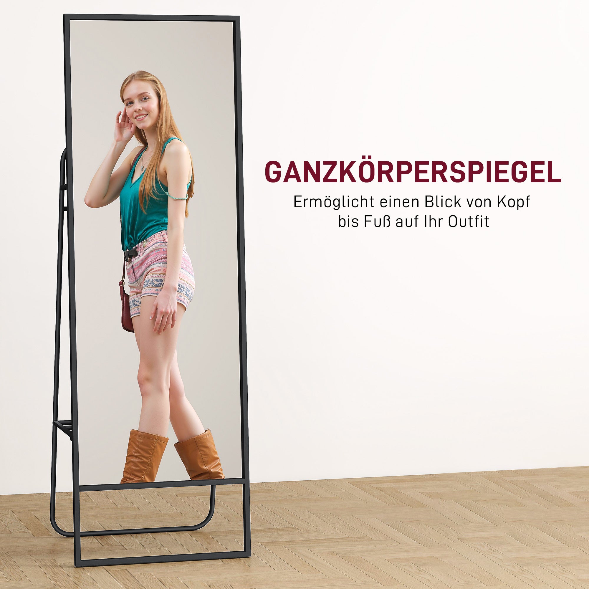 HOMCOM Volledige lichaamsspiegel, industrieel ontwerp, achterplank, 2 haken, metalen frame, voor slaapkamer, 157 x 50 cm, Zwart